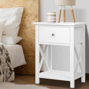 Bedside Table 1 Drawer with Shelf - EMMA White by Artiss