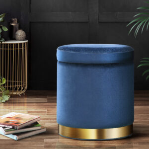 Ottoman Storage Foot Stool Round Velvet Navy by Unbranded