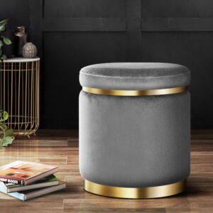 Ottoman Foot Stool Round Velvet Charcoal by Unbranded