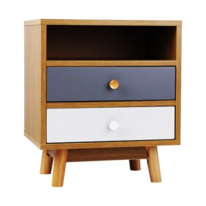 Bedside Table 2 Drawers with Shelf - BERTHA Oak by Artiss
