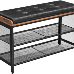 Bench with Mesh Shelf and Faux Leather Vintage Brown Black 80 x 30 x 48 cm by Topline