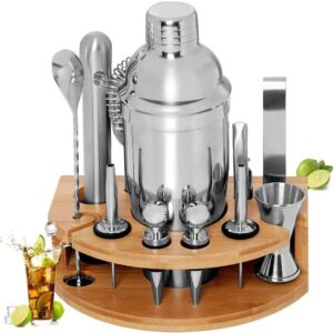 Shaker Set Bartender Kit with Bamboo frame and 12 Pieces Stainless Steel Bar Tool Set by Topline