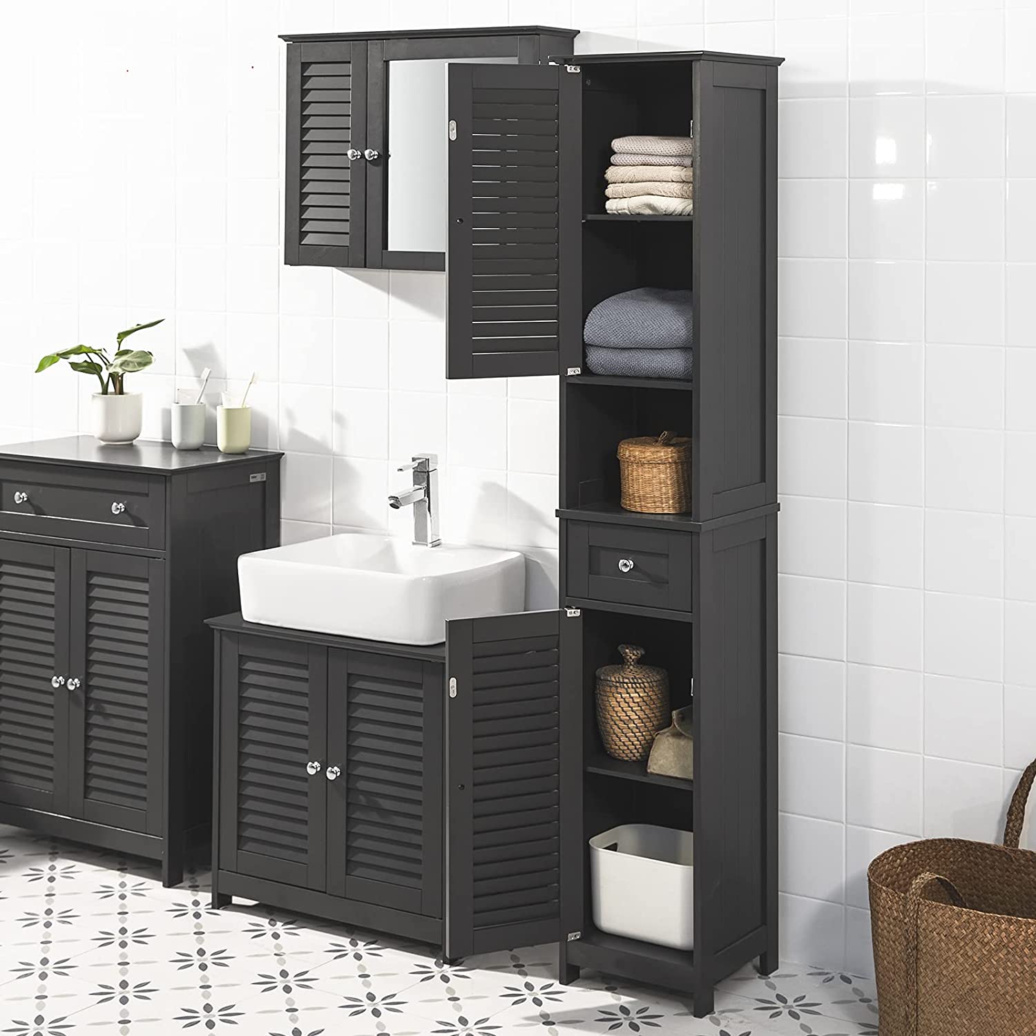 V178-86906-86906_3_33aPsz368-02 Tall Bathroom Cabinet 170 x 32 x 30 cm (Black) by Topline - Image 3