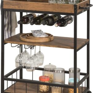 Vintage Style Wood Metal 3 Tiers Kitchen Serving Trolley with Wine Rack (Brown) by Topline