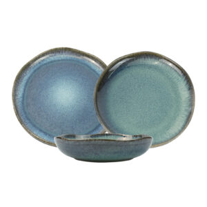 Pieces Reactive Glazed Ceramic Organic Fine Dinner Set with Plate and Bowl EARTHY AQUA by Lanci Aristo