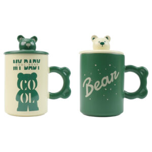 High-Fired Ceramic Porcelain Mug Set with Lid 400ml Bear w Tea Spoon GREEN by Lanci Aristo