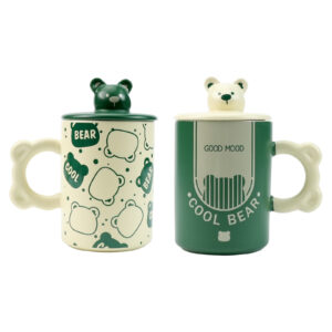 High-Fired Ceramic Porcelain Mug Set with Lid 400ml Bear w Tea Spoon GREEN by Lanci Aristo