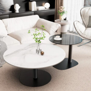 Ave - Halo Two Piece Coffee Table Set - White Stone & Tempered Glass by Interior Ave