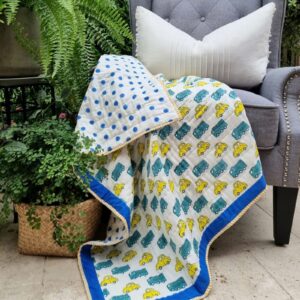 Certified Organic Cotton Reversible Baby Quilt (100x120cm) - Yellow Cars by Kolka