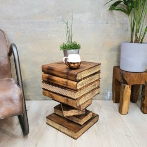 Table Book Stack Design w Storage Compartment Natural Burned by Mango Trees