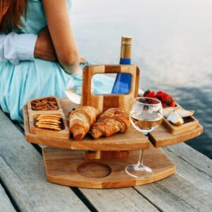 Log Color Portable Wooden Picnic Table - Wine Glass & Snack Holder by Elosung
