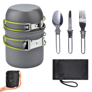 And Grey Compact Outdoor Camping Cookware Set with 410 Stainless Steel Utensils by Elosung