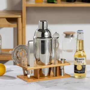 7-Piece Stainless Steel Cocktail Shaker Set with Bamboo Stand - Bartender Kit by Elosung