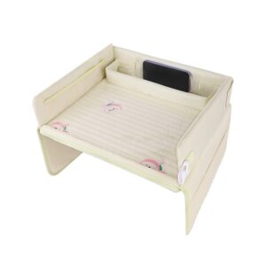 Car Seat Travel Tray - Waterproof Lap Desk with Storage Pockets (Beige bunny - Round) by Elosung