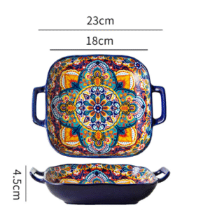9-Inch Bohemian Ceramic Double-Handled Square Plate by Elosung